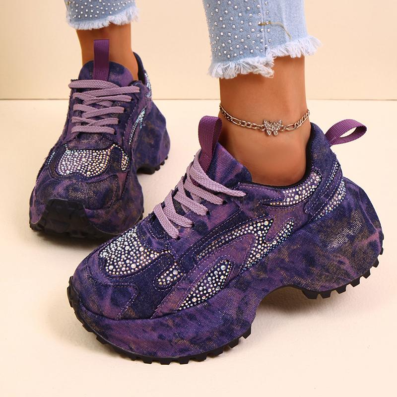 Fashion Fashion Rhinestone Chunky Sneakers Women Blue Denim Thick Sole Lace Up Sports Shoes Woman Plus Size Non Slip Platform Sneakers