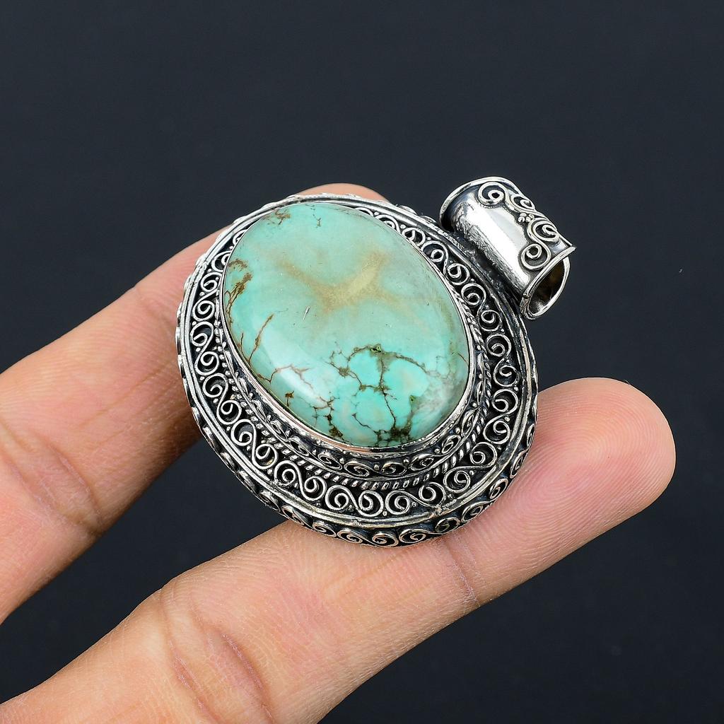 Natural Tibetan Turquoise Gemstone 925 Sterling Silver Pendant 1.51" S9Q90