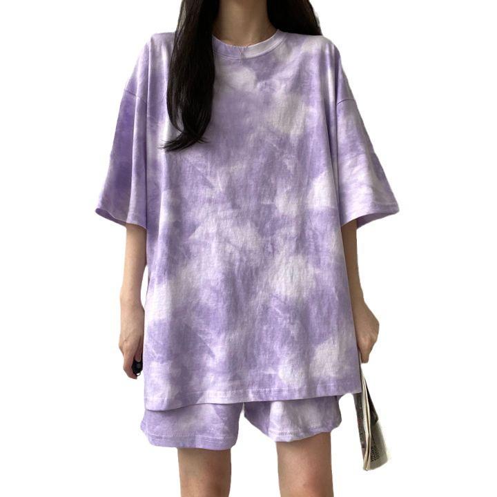 Roztomilý dívčí letní dvoudílný set s kulatým výstřihem 2024 - Krátký rukáv, 5 barev, Ležérní sportovní oblečení pro ženy