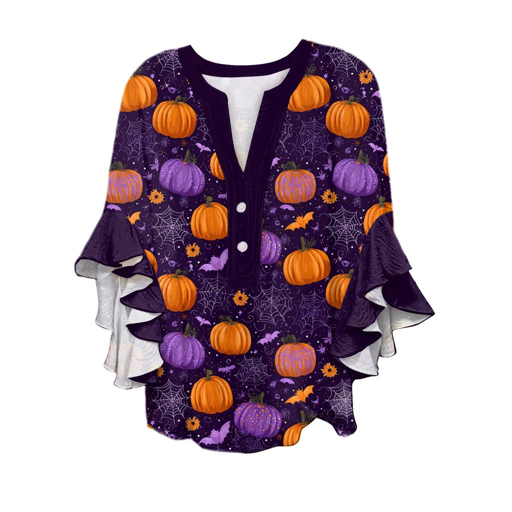 Women's V-neck Seven Quarter Sleeved Shirt Halloween Printed Top Casual Shirt