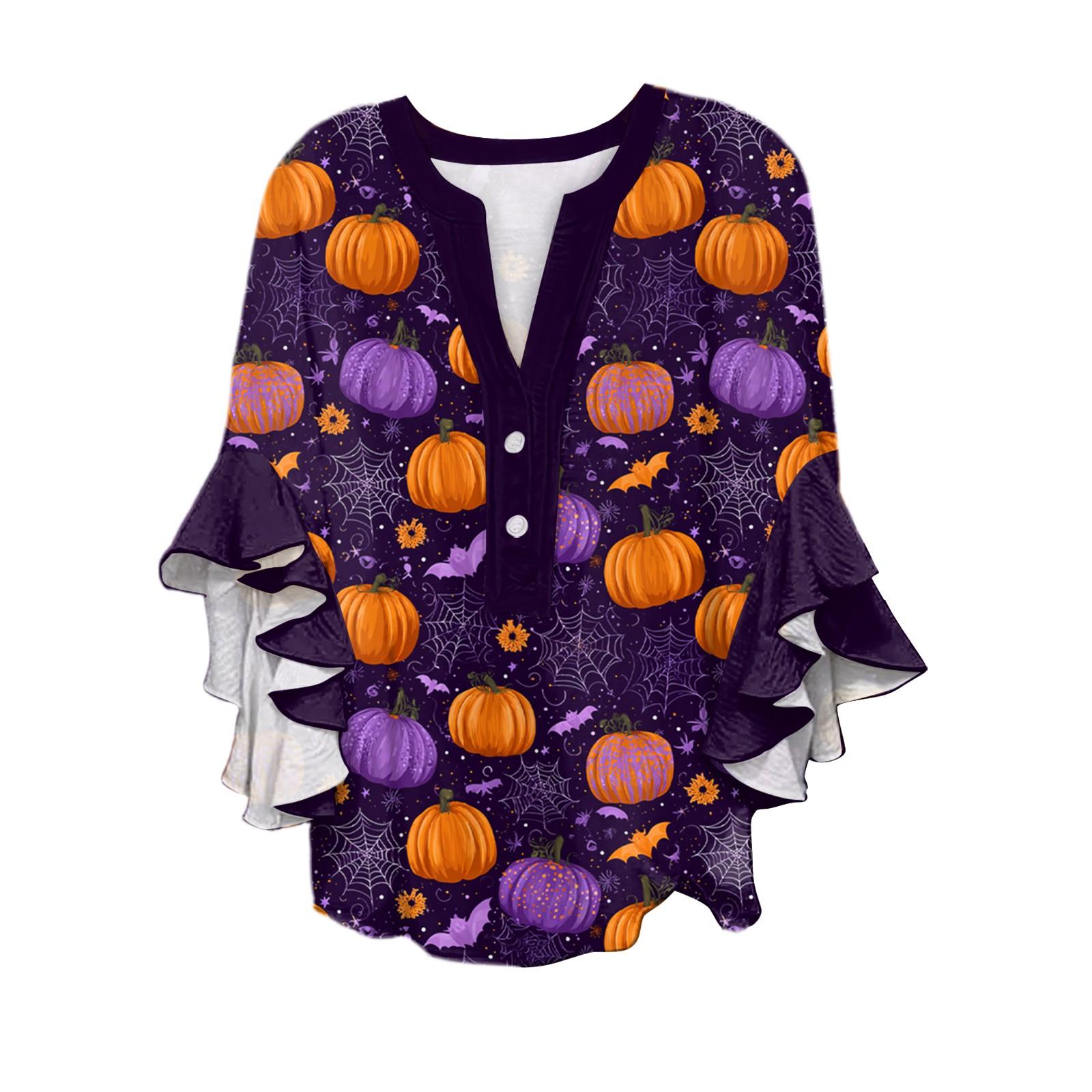 

Женская рубашка с V-образным вырезом и рукавами три четверти, топ с принтом на Хэллоуин, повседневная рубашка S фиолетовый