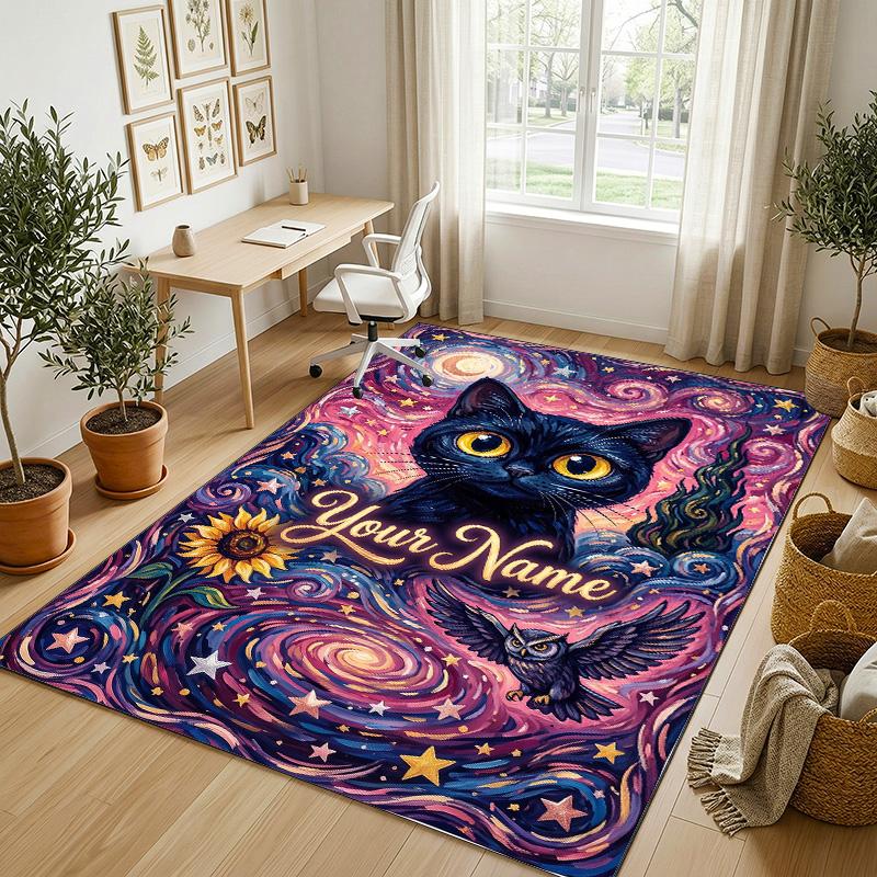 Cosmic Cat Dreamscape Theme Soft Crystal Velvet Rug Custom Name & Text Print Non Slip Floor Rug for Bedroom Living Room