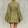 Women's Stylish Color Long Sleeve Neck Ruffle Dress with Elastic Waist
