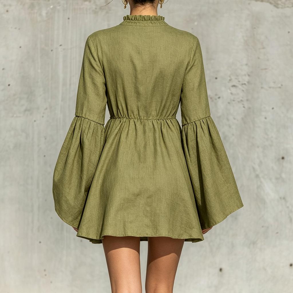 Women's Stylish Color Long Sleeve Neck Ruffle Dress with Elastic Waist