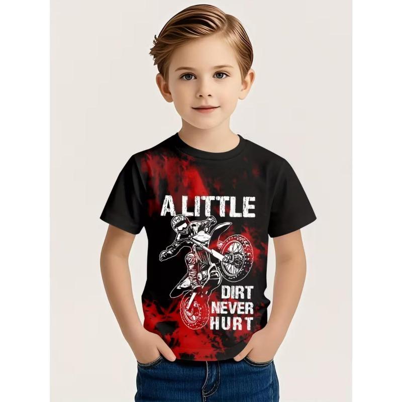 Boys 3D Print Dirt Bike Graphic T-Shirt, Cool Motocross Rider Short Sleeve