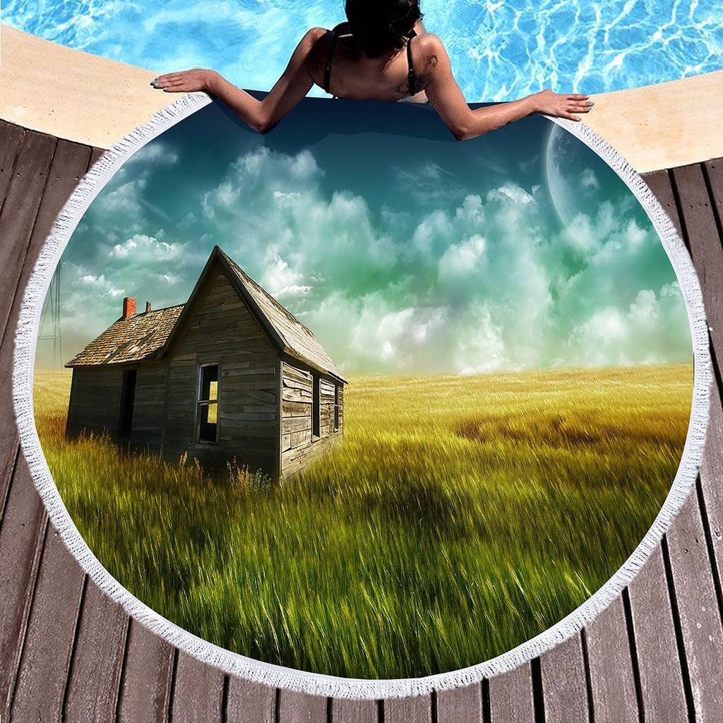 Pretty Country Scenery Print Round Beach Blanket,Polyester Sand Resistant Beach Towel,Absorbent Quick Dry Pool Towel Picnic Mat