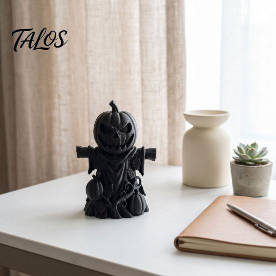 Handcrafted Carved Pumpkin 3D Printed Scarecrow Figurine, Matte Black Halloween Tabletop Atmospheric Party Ornament Decor for Shelf Window Office,