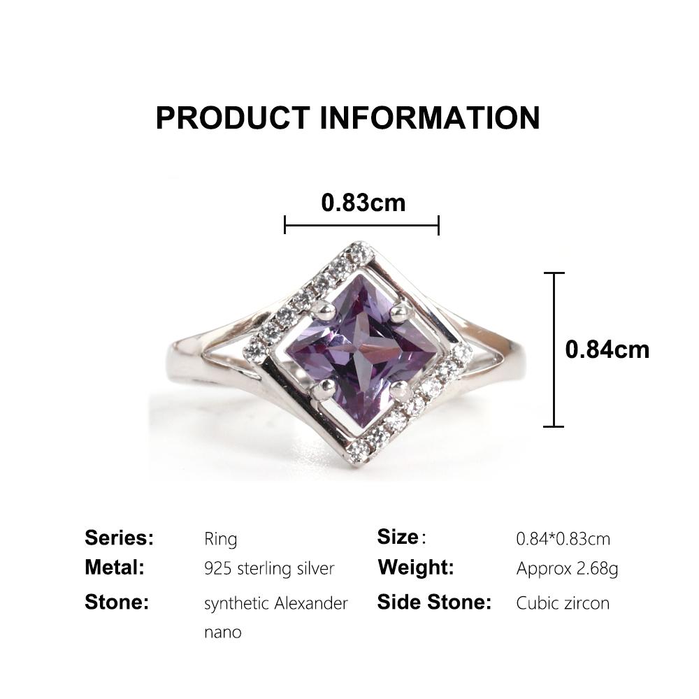 925 Sterling silver square ring synthetic color change Alexander nano elegant fashion birthday gift for women
