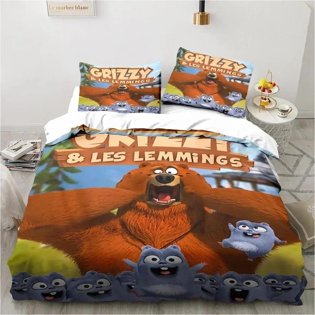Grizzy and The Lemmings Bedding Set Duvet Cover Sheet Printed Bed Set Pillowcase Bed Full Queen King Size For Comforter Bedroom