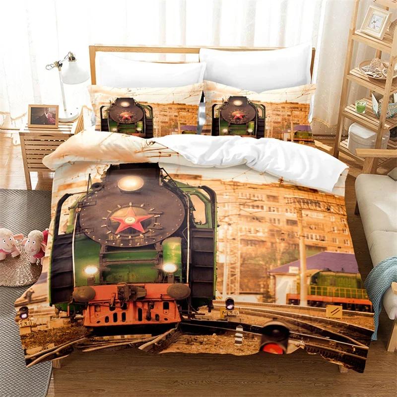 Funda Nórdica Tamaño Completo Trenes para Niños Juego de Cama de Locomotora de Vapor Microfibra 3D Vehículos Ferroviarios Cubierta de Edredón para Decoración de Habitación de Niños Adolescentes