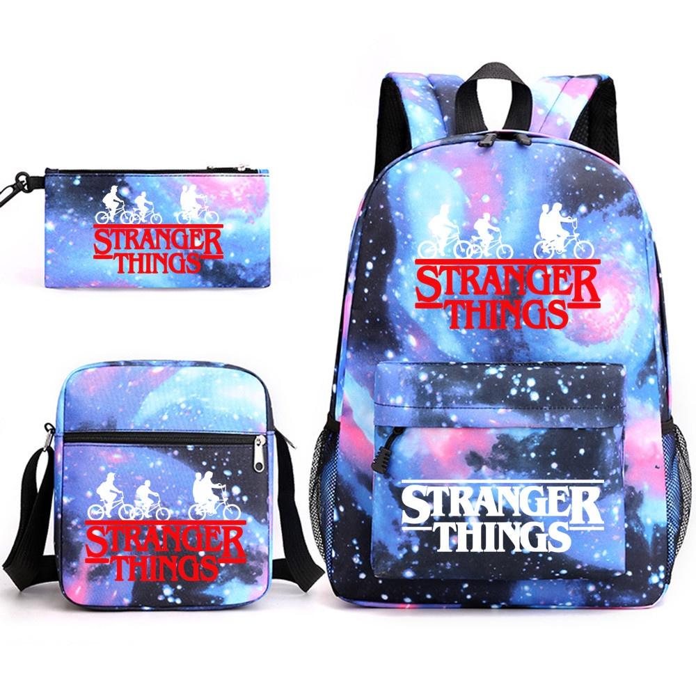 Stylish Stranger Things Canvas Backpack Set Includes Shoulder Bag And Pencil Case Perfect For Casual Travel