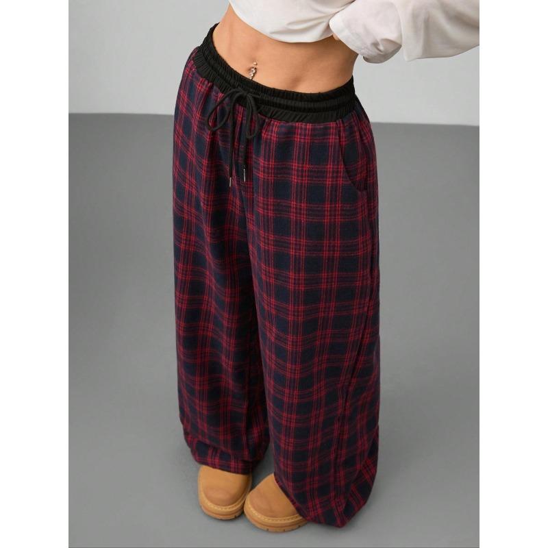 Fashion Loose Fit Elastic Waist Home Plaid Pattern Casual Pants Trousers for Comfortable Wear