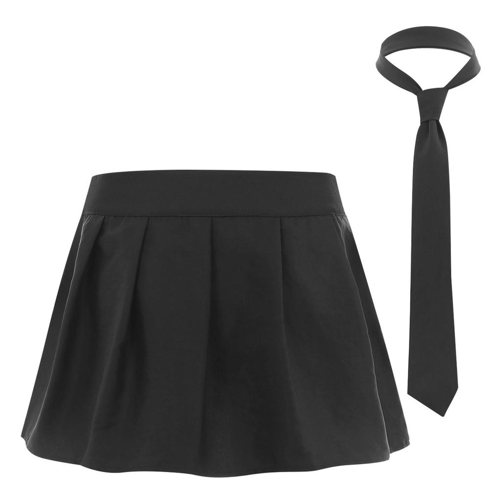Women Plaid Pleated Mini Skirt with Attached Necktie School Uniform Style Zipper Closure Fancy Dress Costume