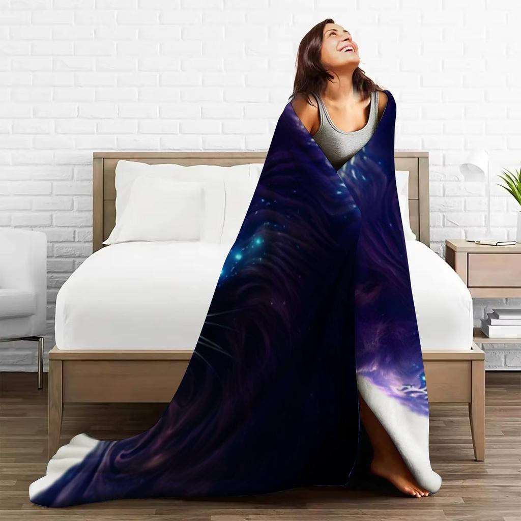Cosmic Cat Flannel Blanket - Vibrant Purple & Blue Cosmic Design, Soft & Cozy All-Season Throw for Bed, Sofa, or Home Decor
