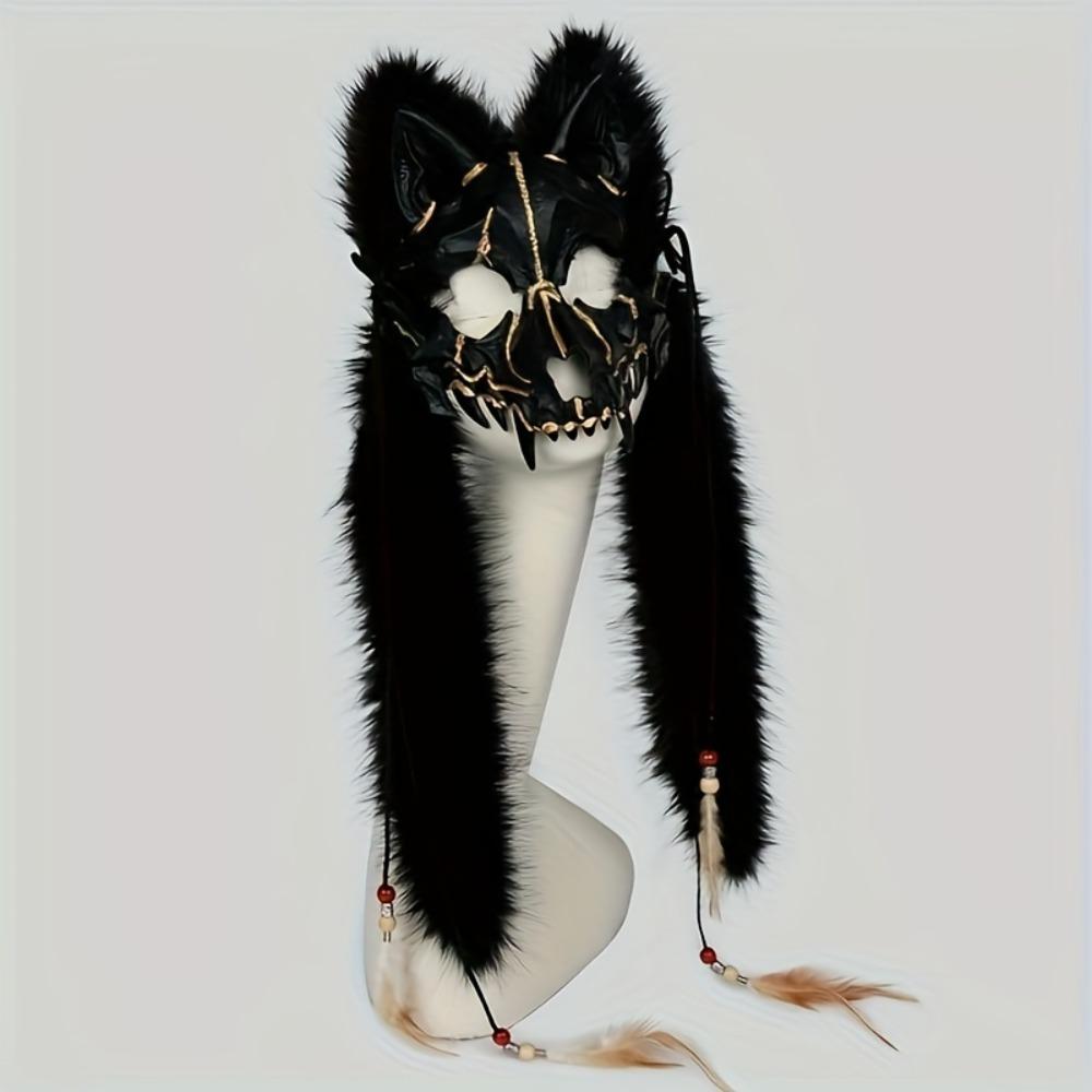 Furry Wolf Mask Viking Fur Fox Mask Wendigo Headdress Halloween Werewolf Costume Barbarian Medieval Cosplay Warrior Renaissance