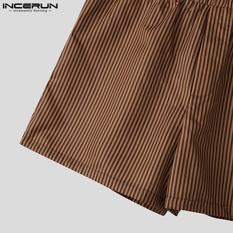 INCERUN 2PCS Men Two Pieces Striped Print Long Sleeve Buttons Shirts Short Pants Casual Sets
