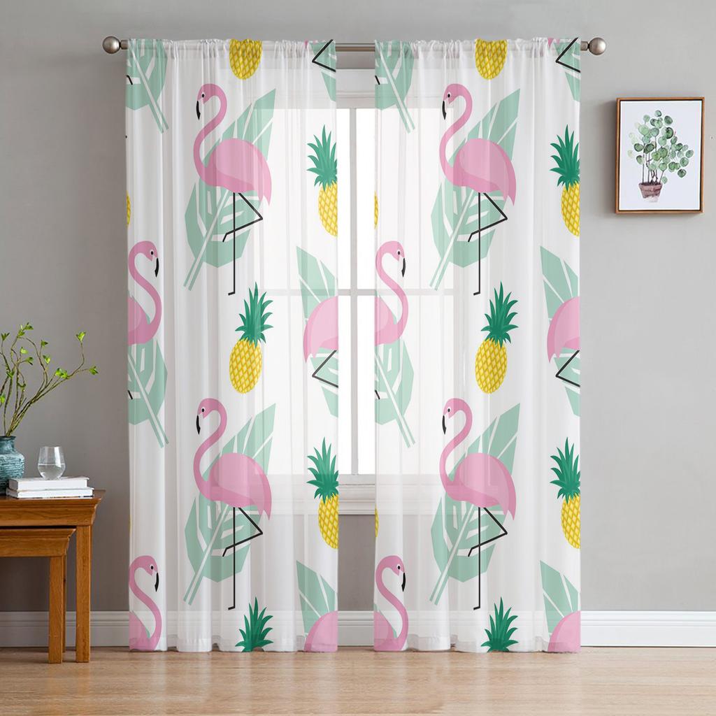 Flamingo Pineapple Green Leaf Tulle Curtains For Living Room Decoration Modern Chiffon Sheer Voile Kitchen Curtain