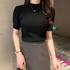 2025 Frühling/Sommer Damen Stricktop mit Puffärmeln, halbem Stehkragen und figurbetonter Passform, schickes Halbarm-Basisshirt