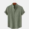 Men's Cotton and Linen Stand-up Collar Short-sleeved Solid Color Shirt Casual Cardigan Men's Shirt