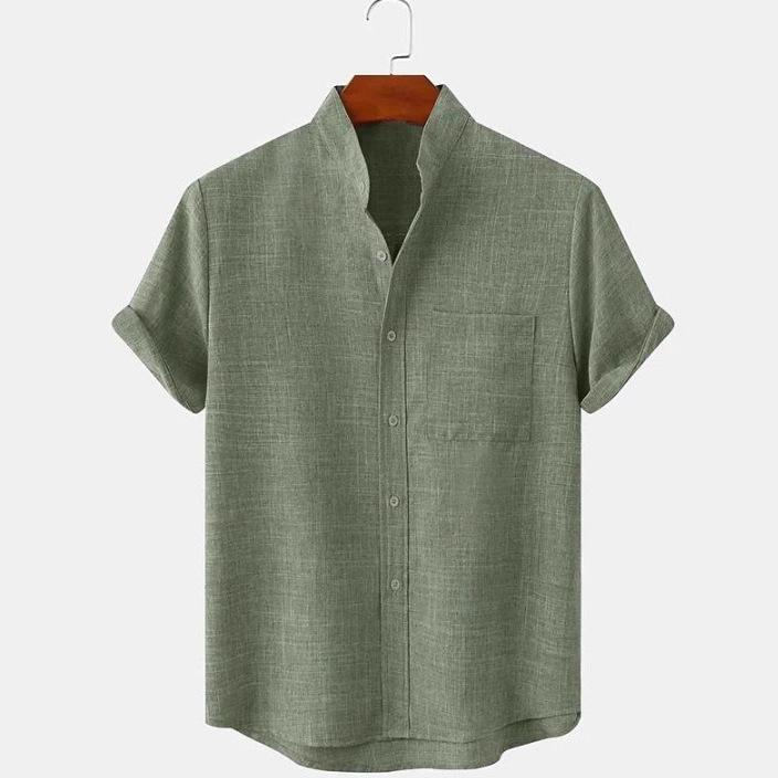 Men's Cotton and Linen Stand-up Collar Short-sleeved Solid Color Shirt Casual Cardigan Men's Shirt