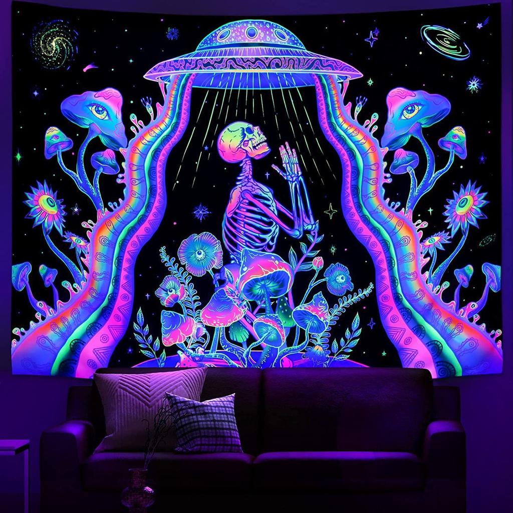 Cyberpunk City Sci-Fi Tapestry UV Reactive Blacklight Neon Futuristic Wall Hanging Peach Skin for Bedroom Living Room Decor