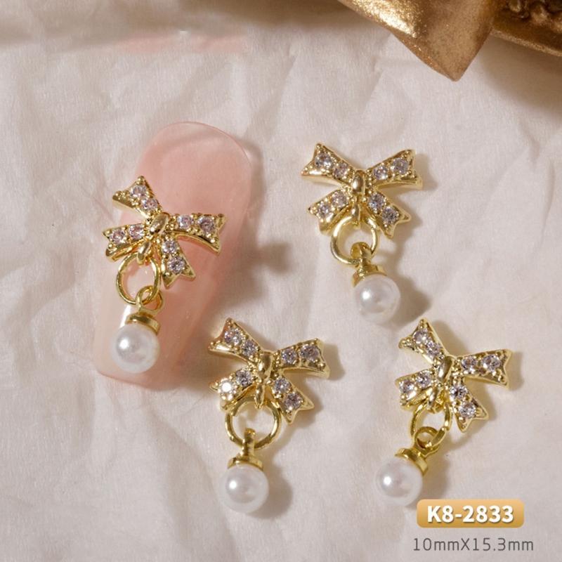 3D Bows Nail Art Charms Rhinestones Bows Charms Pearl Bowknot Nail Accessory 3D Alloy Nail Art Decoration for Women Girl
