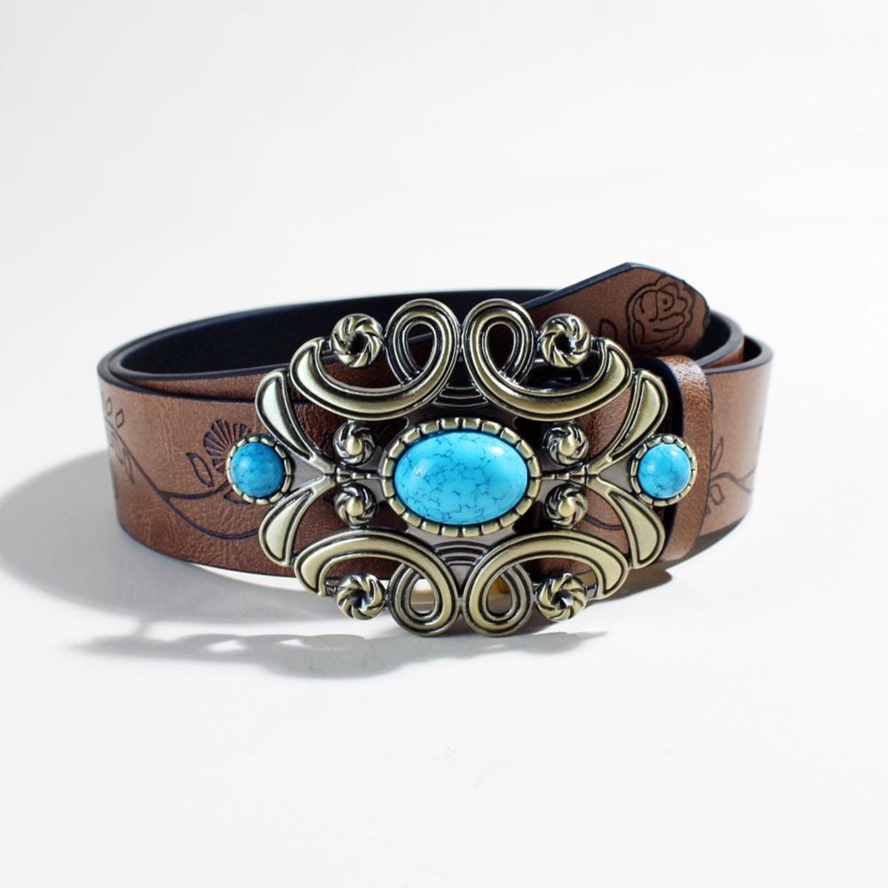 Bohemian Court Style Retro Ethnic Imitation Turquoise Black Decorative Belt Rose Pattern Embossed Wide Belt Female