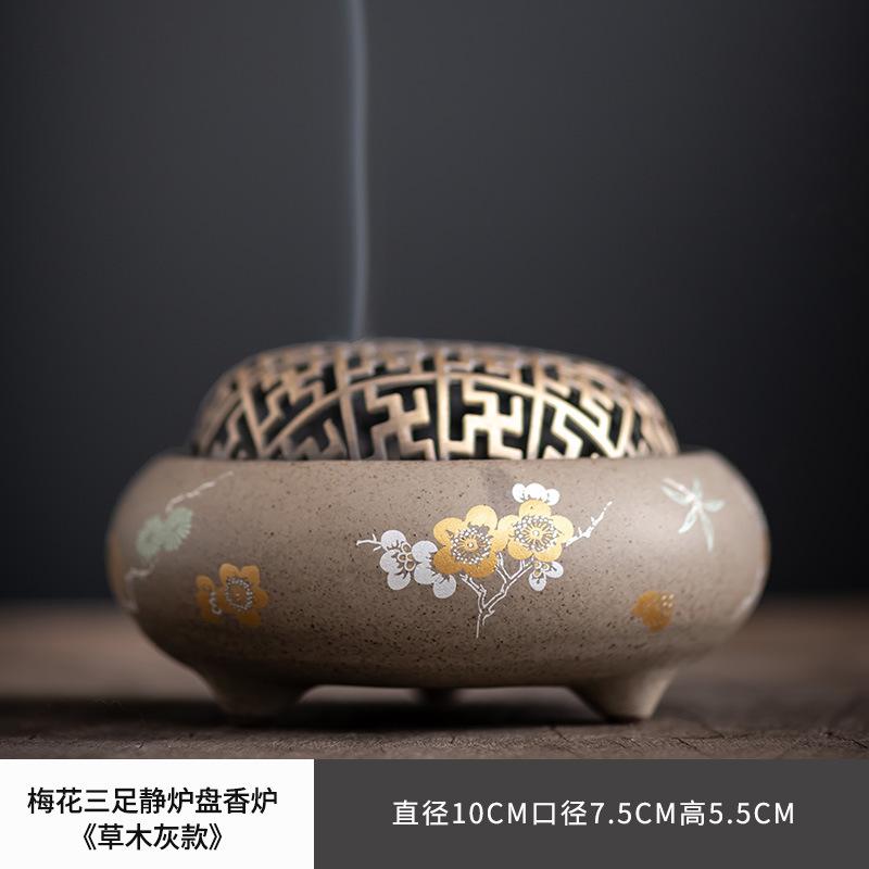 Arzător de tămâie ceramic cu trei picioare cu floare de prun, pentru interior, sobă de tămâie, arzător de aromaterapie zen, cuptor pentru lemn de agar, ornamente