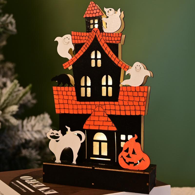 Light Up Haunted House Halloween Themed Table Topper Wooden Spooky Tabletop Light Battery Operated Ghost House Decoration