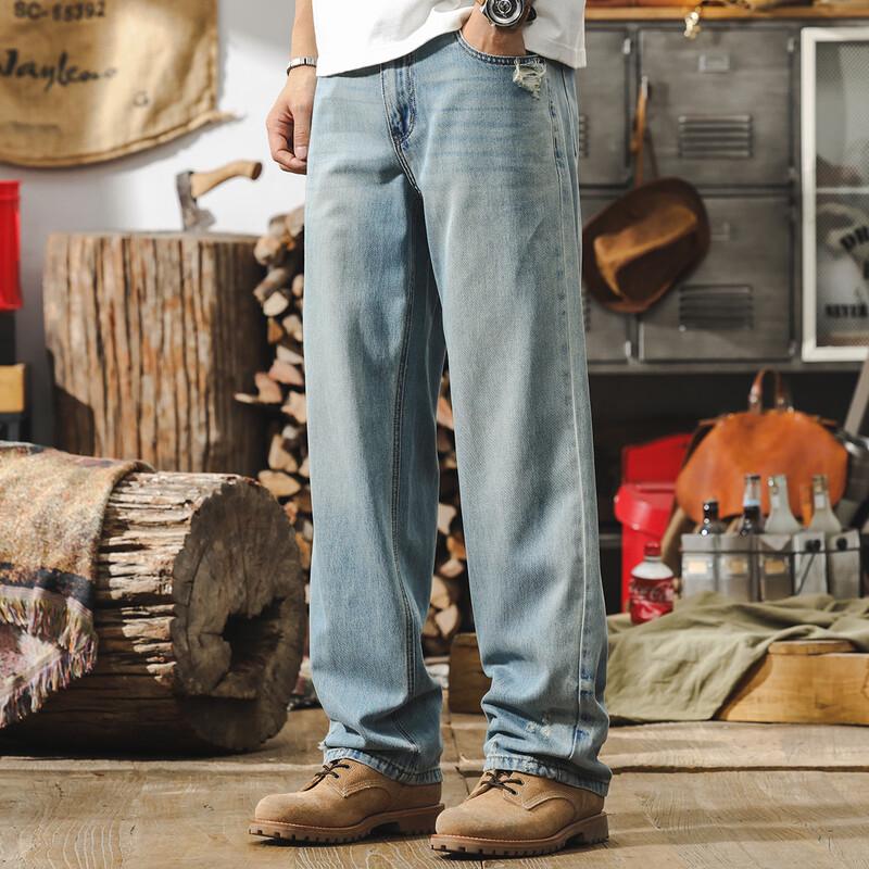 Мужские светло-синие свободные прямые джинсы с эффектом потертости 31