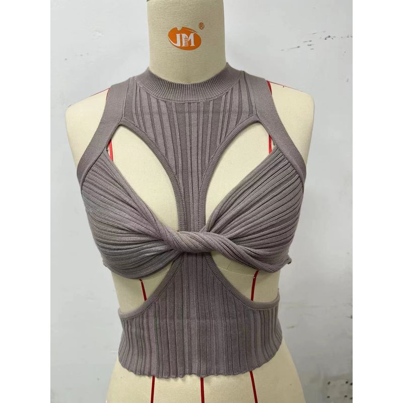 

European and American Sexy Irregular Sleeveless Hollow Twist Knit vest Top Sexy Hollow Knit Vest Khaki L