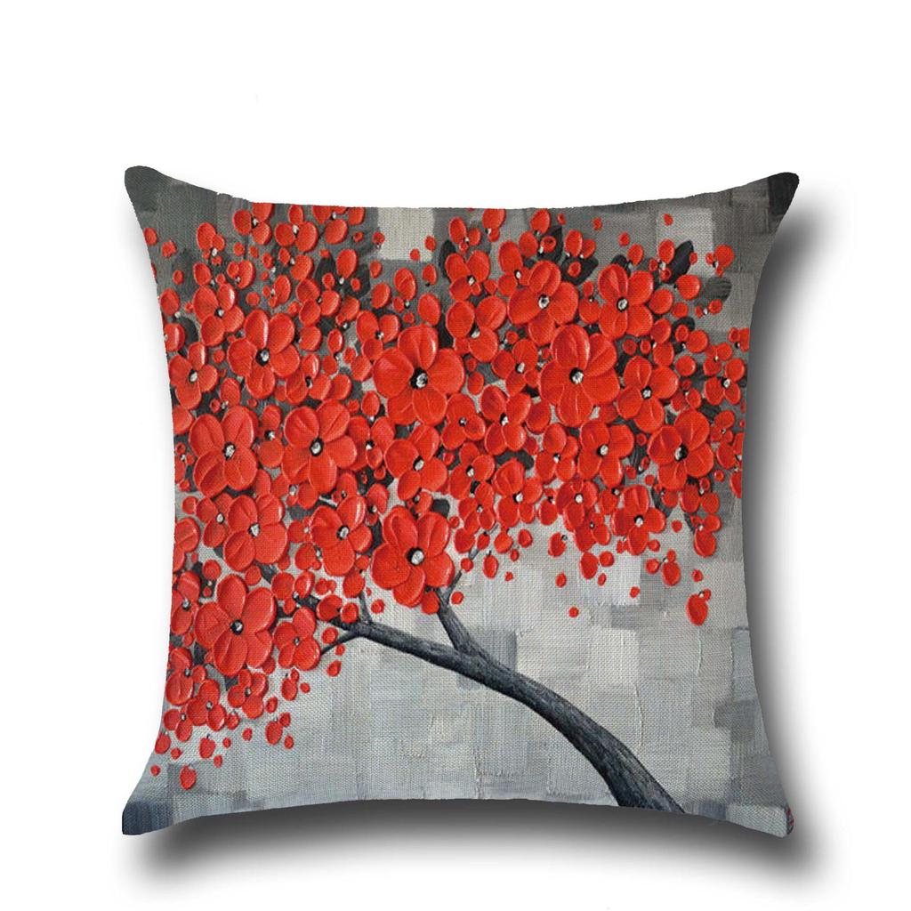 Three-dimensional Oil Painting Trees Flowers Cotton Linen Cushion Pillow Case Car Waist Cushion Cover