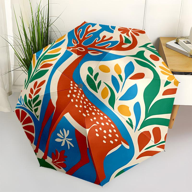 1pc Deer Nature Automatic Folding Umbrella - Windproof Compact Travel Umbrella with Auto Open/Close, 8-Rib Heavy-Duty Shaft for Women/Men A006