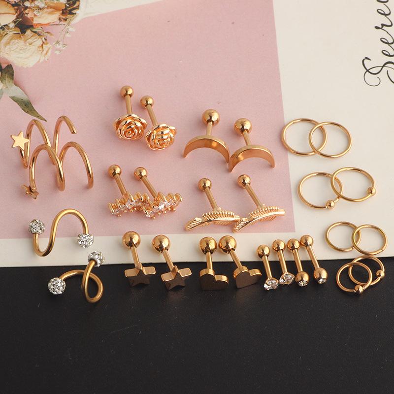 Stainless steel minimalist men's and women's ear stud piercing jewelry set with ear bar studs