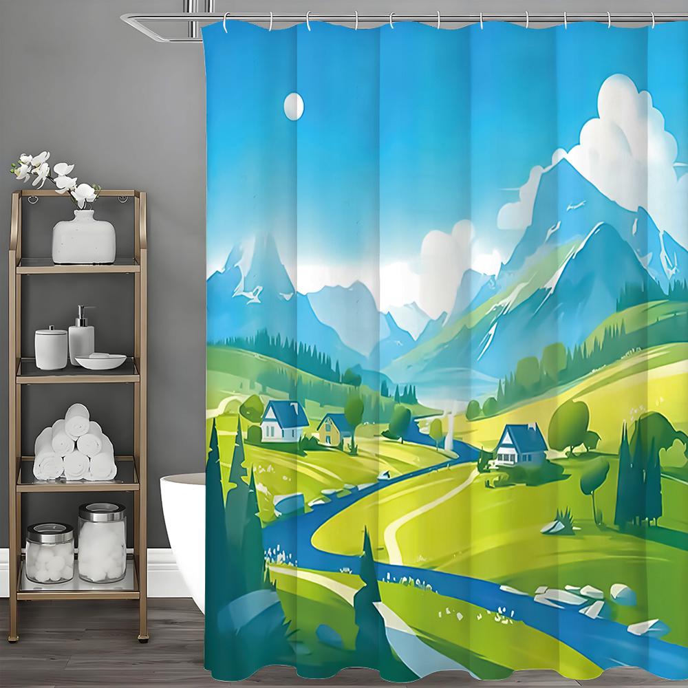 Flat Scenic Mountain River Prairie Log Cabin Shower Curtain, Bathroom Decorative Shower Curtain, Waterproof Shower Curtain with