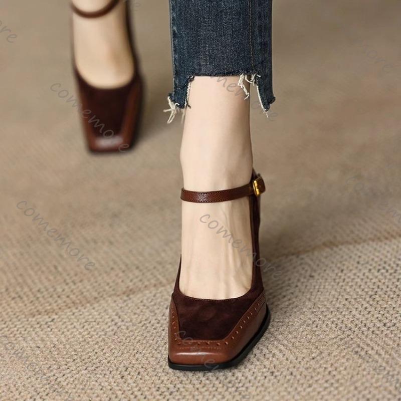 Fashion Comemore Fashion Women's Square Toe Pumps Chunky High Heels Beltt Buckle Heels for Women Vintage Splicing Retro Mary Jane Shoes
