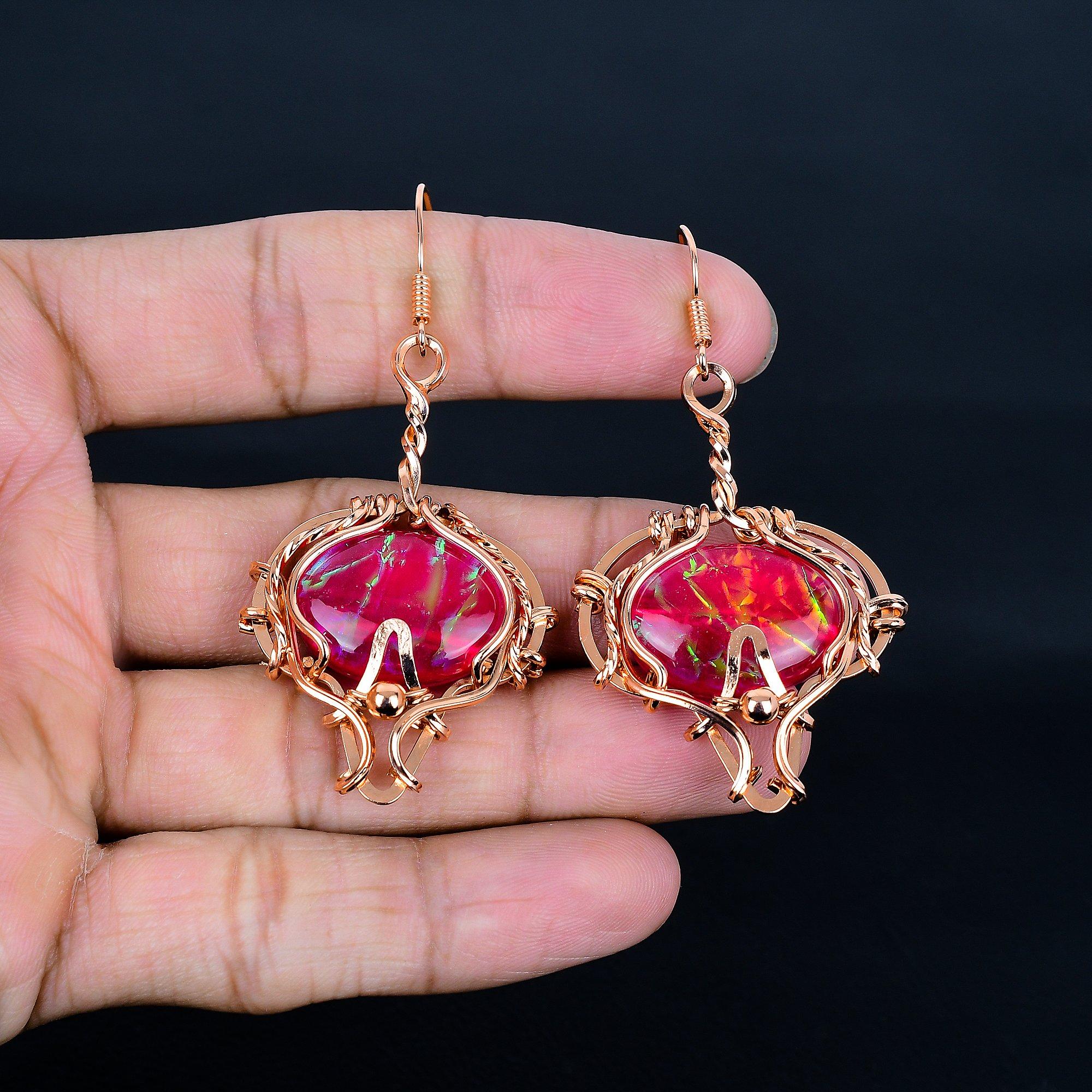 

Розовые серьги с австралийским опалом-триплетом, обернутые медной проволокой 999 пробы, серьги из драгоценных камней ручной работы ко Дню памяти 2.55 Inches