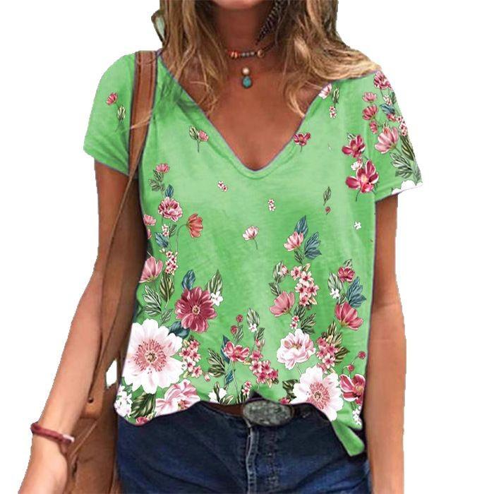 

Летний топ с V-образным вырезом и 3D-принтом с цветочным узором, модные повседневные женские футболки с коротким рукавом 5XL зелёный