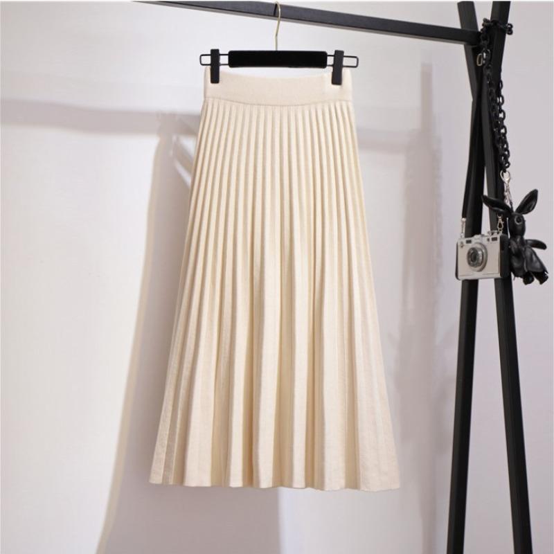 Autumn and Winter High Waisted Knitted Skirt for Women Mid Length Pleated Skirt