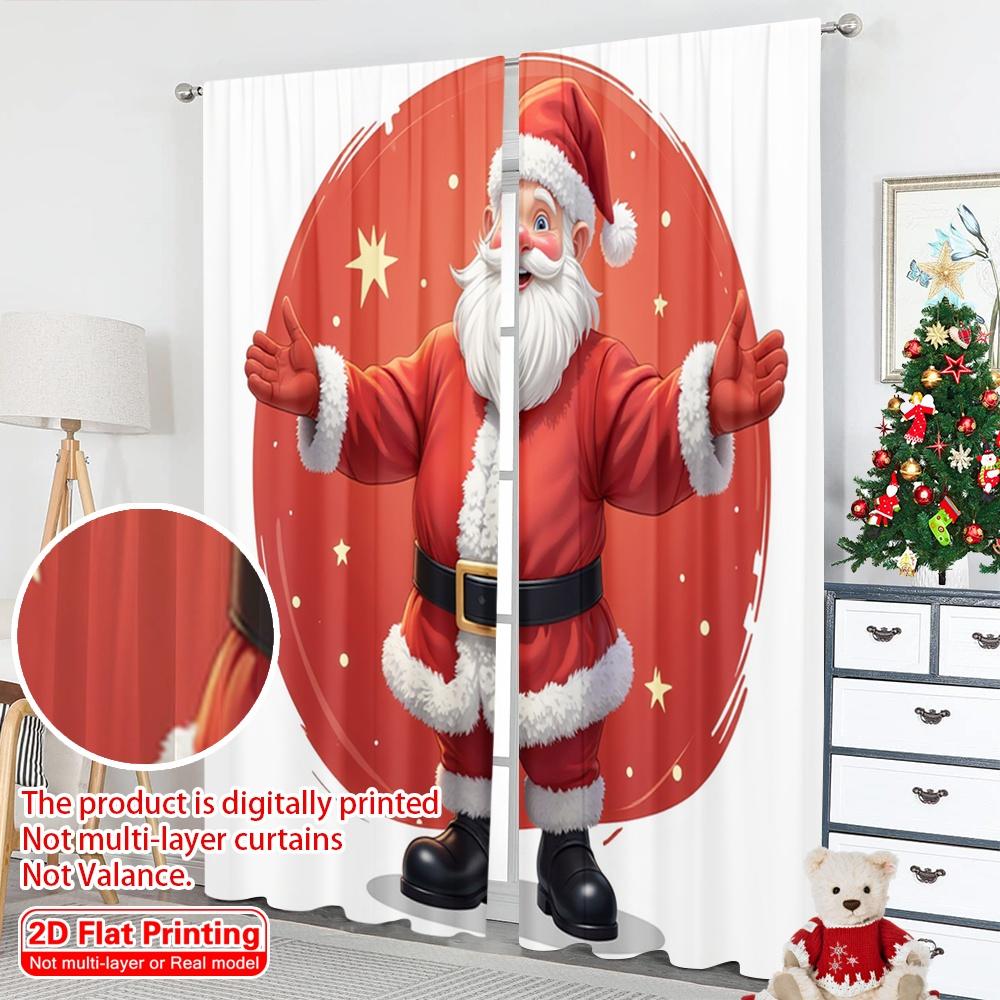 2pcs 2D Flat Printing Christmas Curtain Santa Claus Christmas Tree Sparkle Fabric Without Electricity Holiday Decorations Use