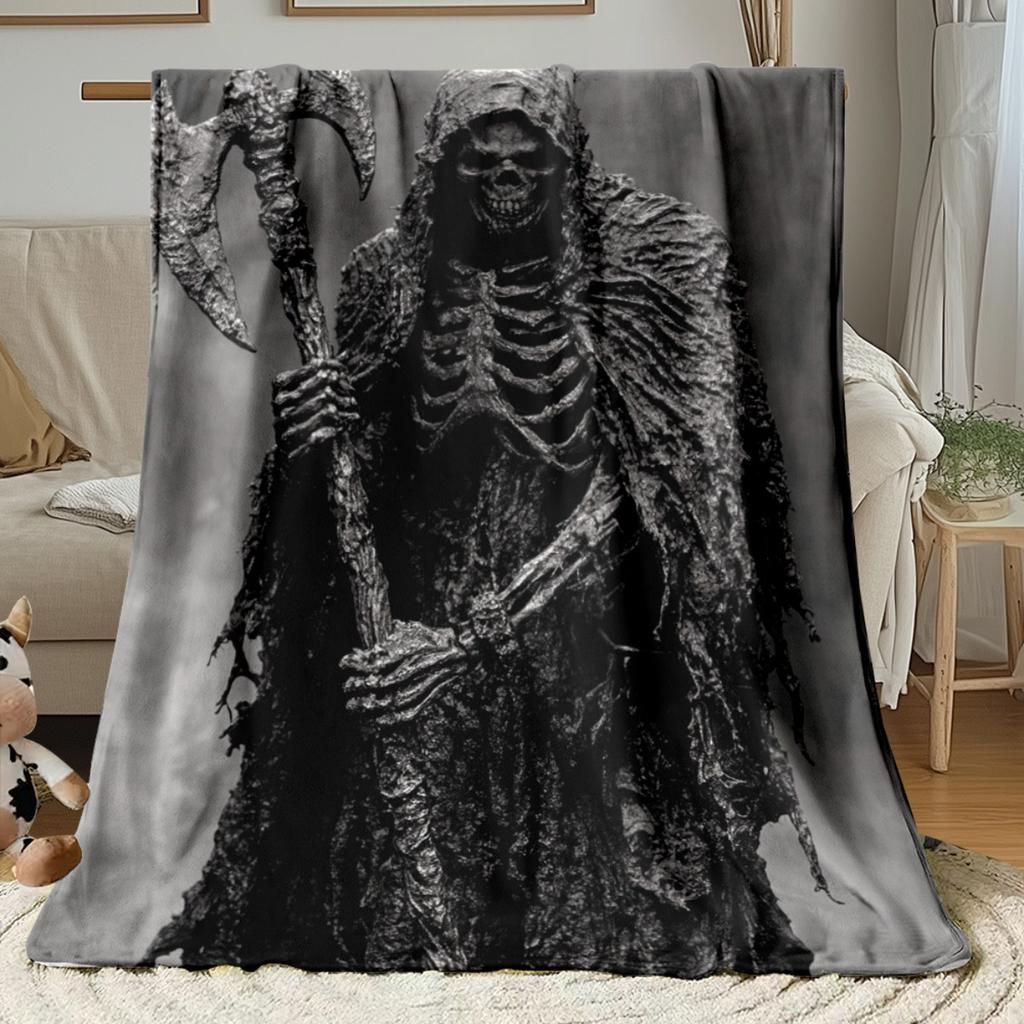 Grim Reaper Skeleton Dark Fantasy Fleece Blanket Horror Theme Soft Warm Throw Blanket for Halloween Fans Bedroom Decor Gift