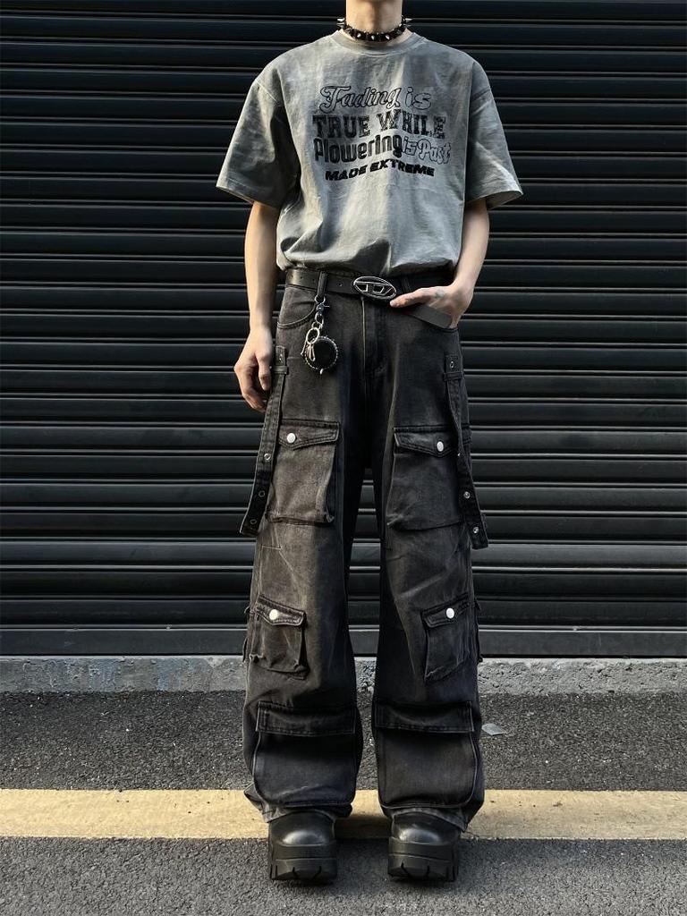 2024 Unisex American Retro Yellow Multi-Pocket Workwear Jeans - Loose Straight Hip-Hop Style