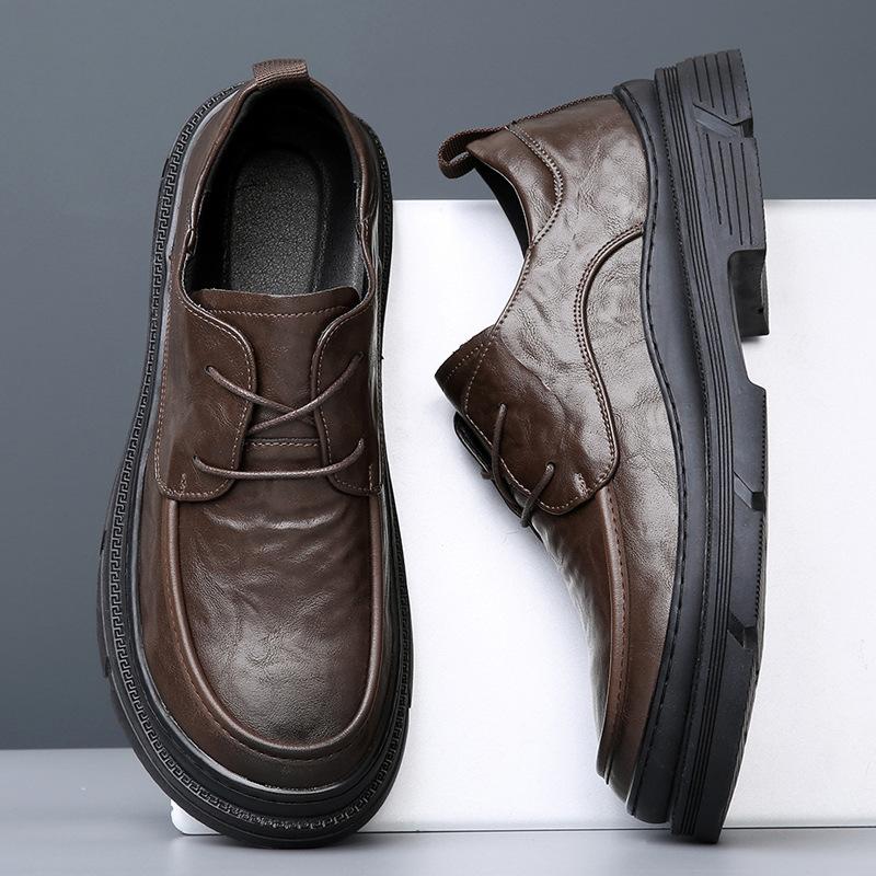 Foot width big head leather shoes men's spring men's shoes new breathable trend versatile thick sole business dress casual shoes