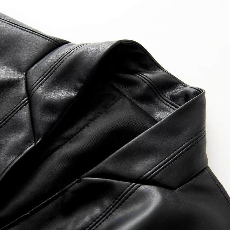 Womens Fall Long Sleeve Lapel Double-Breasted Belted Faux Leather Blazer Coat