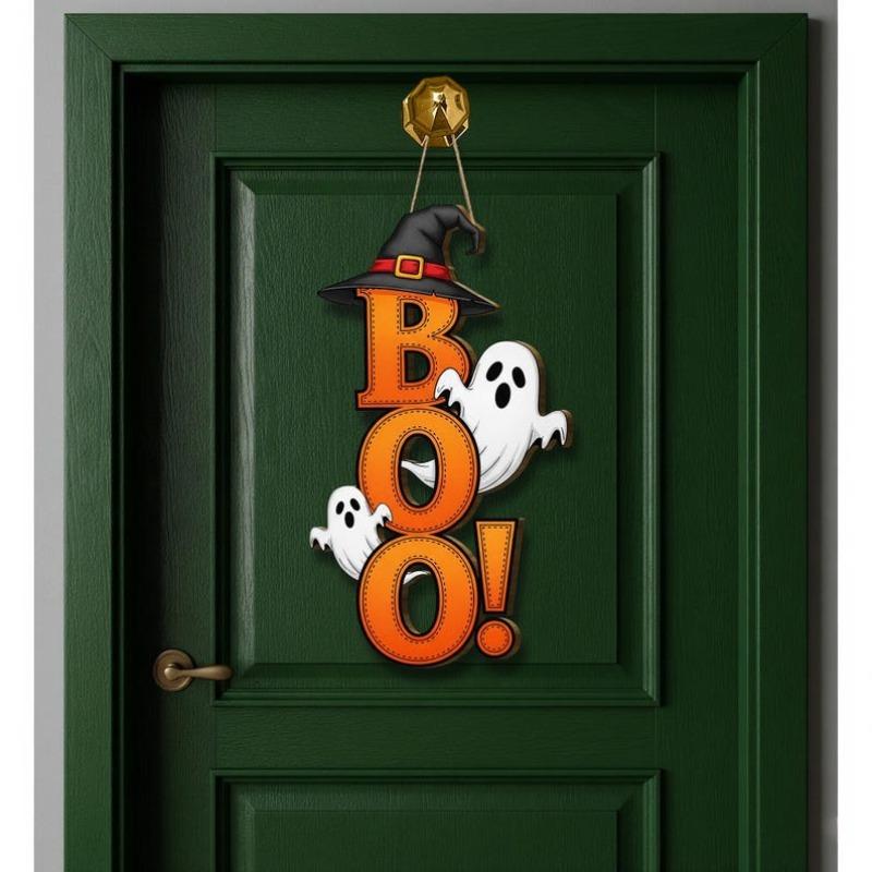 2D Flat Halloween Wooden Door Sign Ghost Witch Hat BOO Letter Hanging Plaque Outdoor Home Yard Welcome Party Wall Decor