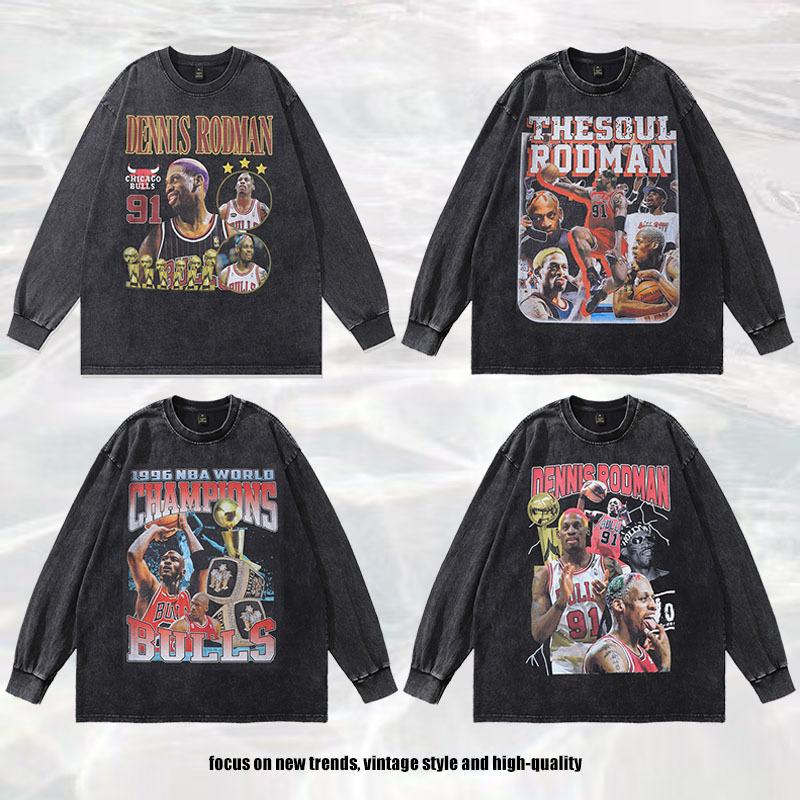 American High Street Retro Washed Old Autumn And Winter Men'S Clothing Hip-Hop Star Printed Washed Long-Sleeved T-Shirt For Men And Women