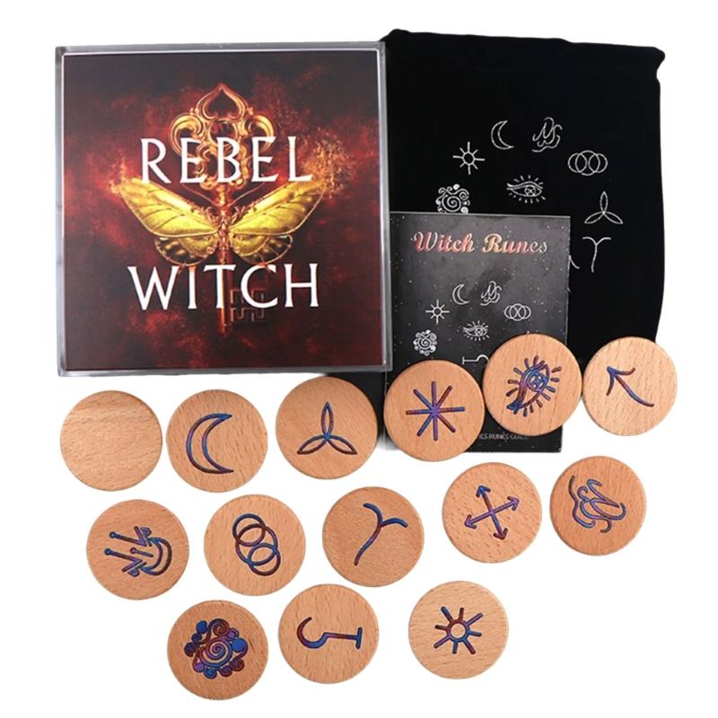 Hand Carved Wooden Runes Symbols Set Divination Runes Stone with Instruction and Storage Bag Heal Gift Decoration