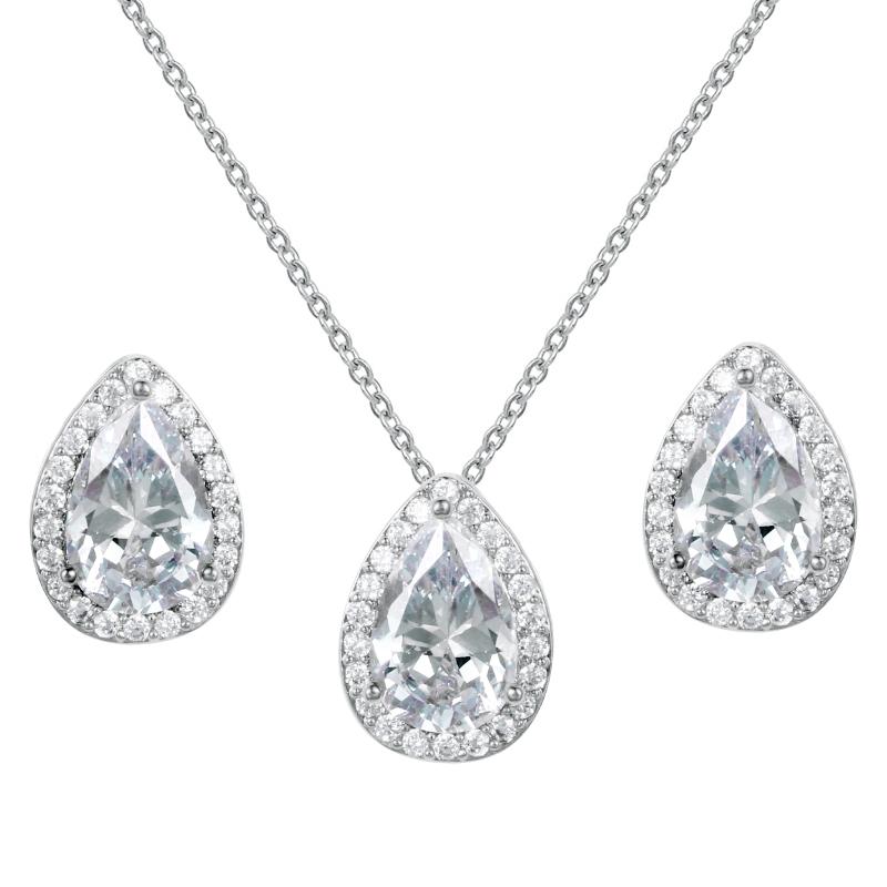 Rose Gold Yellow Gold Rhodium Silver Yellow Gold Plated Teardrop Pendant Necklace Earring Set Cubic Zirconia CZ Weddings Parties