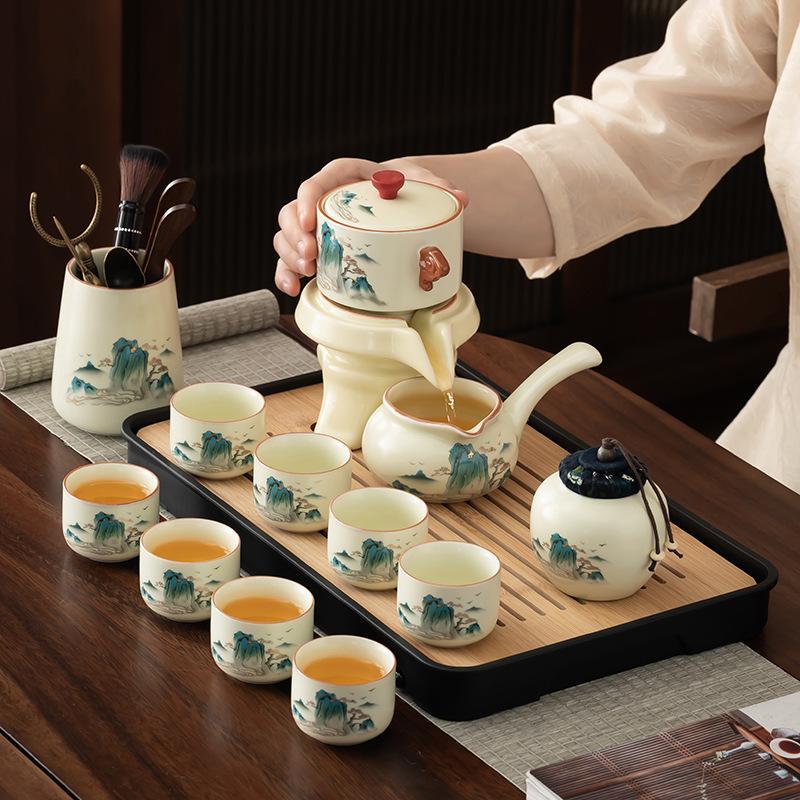 Light Luxury Splendid Ru Kiln Automatic Tea Set Household High-end Lazy Tea Making Ceramic Kung Fu Teapot Tea Tray