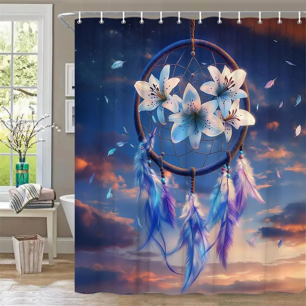 1pc Dreamcatcher Shower Curtain with White Lilies, Feathers & Sunset Twilight Sky Design - Ethereal Serene Bathroom Decor W90xH180cm
